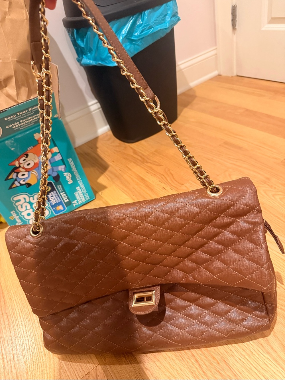 Quilted Brown Chain-Handle Shoulder Bag